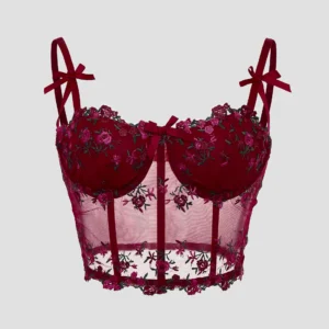 Corset Sexy com Laço, Renda e Bordado Floral.
