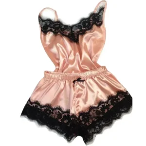Conjunto de pijama de verão em seda com renda para mulheres
